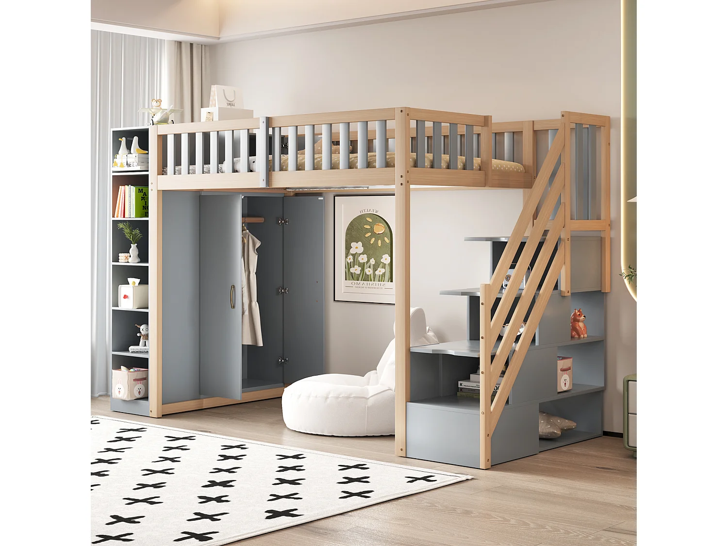 Lit mezzanine multifonctionnel 90x200 cm avec étagères, armoire et grand placard, échelle de sécurité avec compartiments de rangement (290x96.5x173 cm)