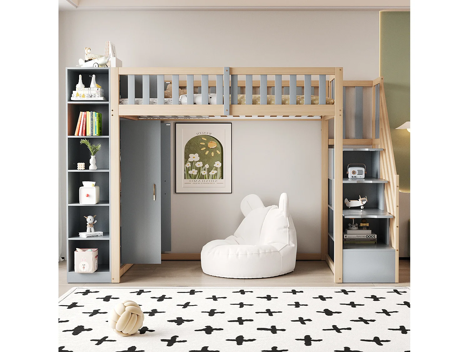 Lit mezzanine multifonctionnel 90x200 cm avec étagères, armoire et grand placard, échelle de sécurité avec compartiments de rangement (290x96.5x173 cm)