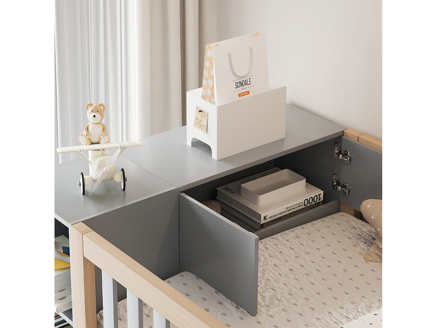 Lit mezzanine multifonctionnel 90x200 cm avec étagères, armoire et grand placard, échelle de sécurité avec compartiments de rangement (290x96.5x173 cm)