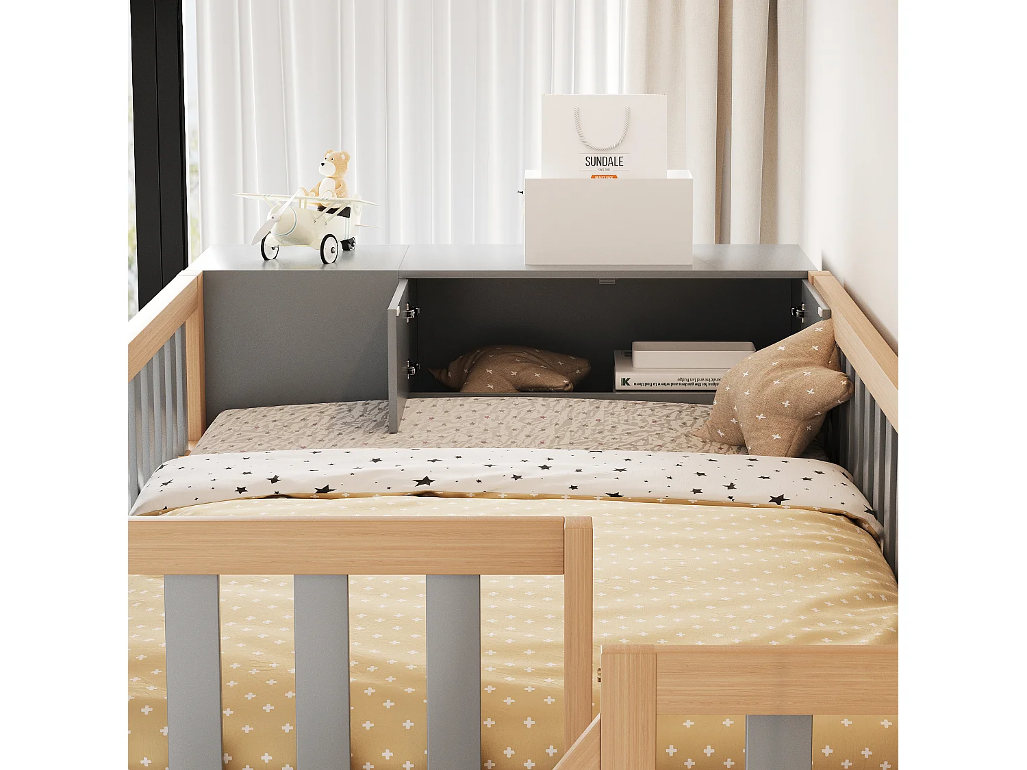 Lit mezzanine multifonctionnel 90x200 cm avec étagères, armoire et grand placard, échelle de sécurité avec compartiments de rangement (290x96.5x173 cm)