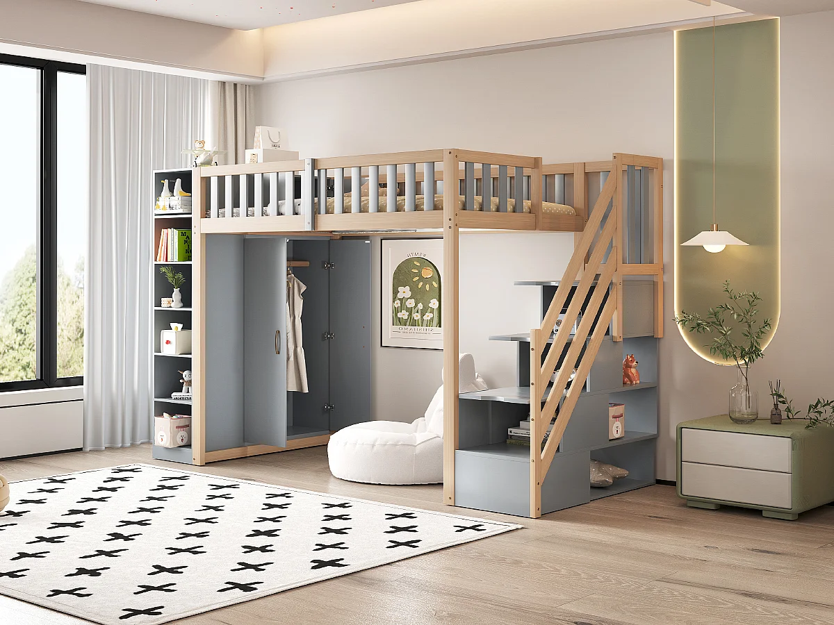 Lit mezzanine multifonctionnel 90x200 cm avec étagères, armoire et grand placard, échelle de sécurité avec compartiments de rangement (290x96.5x173 cm)