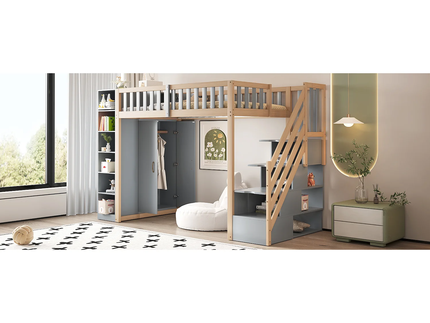 Lit mezzanine multifonctionnel 90x200 cm avec étagères, armoire et grand placard, échelle de sécurité avec compartiments de rangement (290x96.5x173 cm)