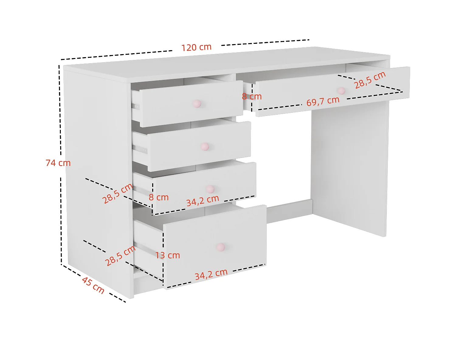 Escrivaninha infantil simples - 120 x 45 x 74 cm - com 5 gavetas de armazenamento - MDF - branco
