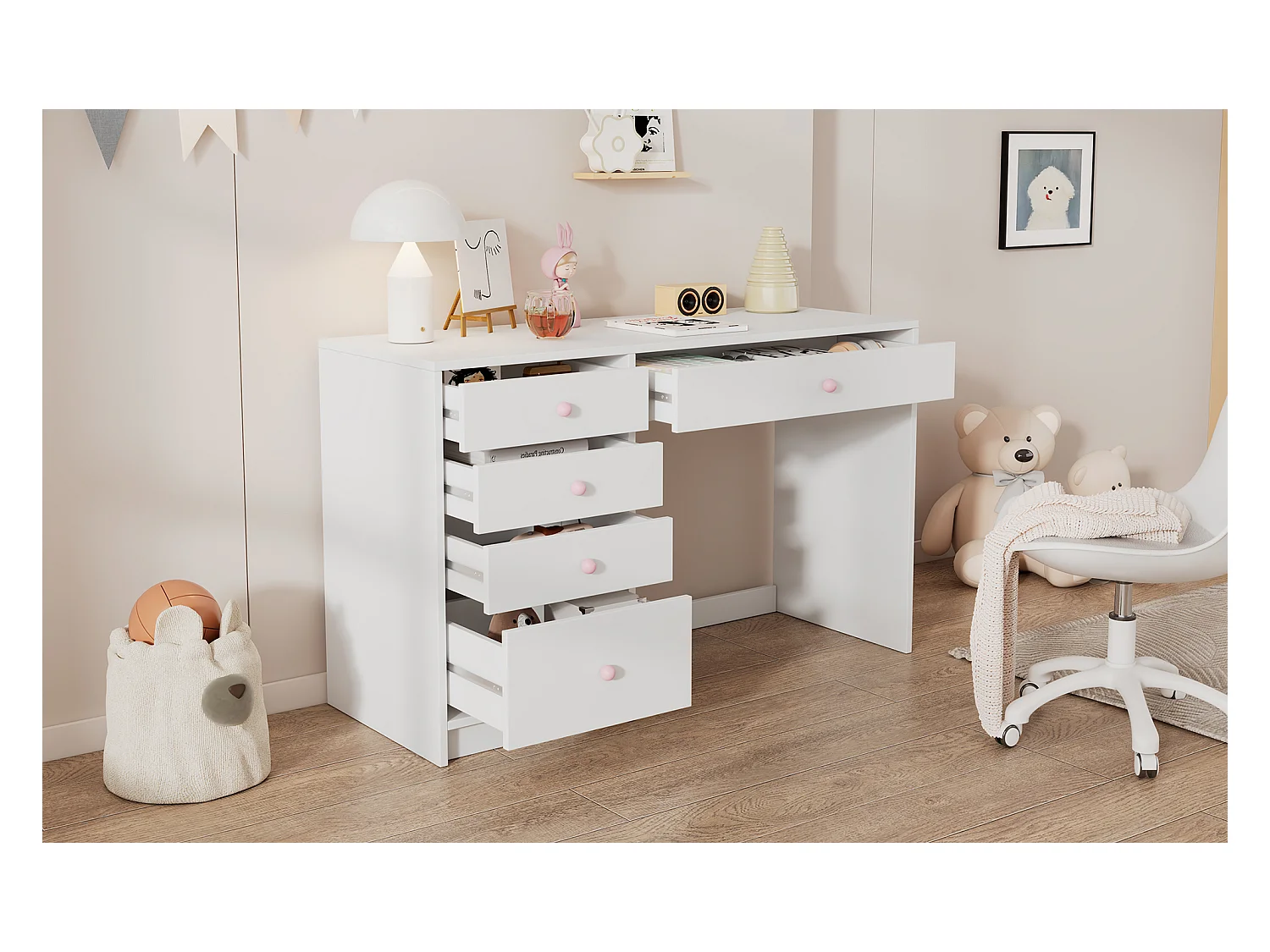 Escrivaninha infantil simples - 120 x 45 x 74 cm - com 5 gavetas de armazenamento - MDF - branco