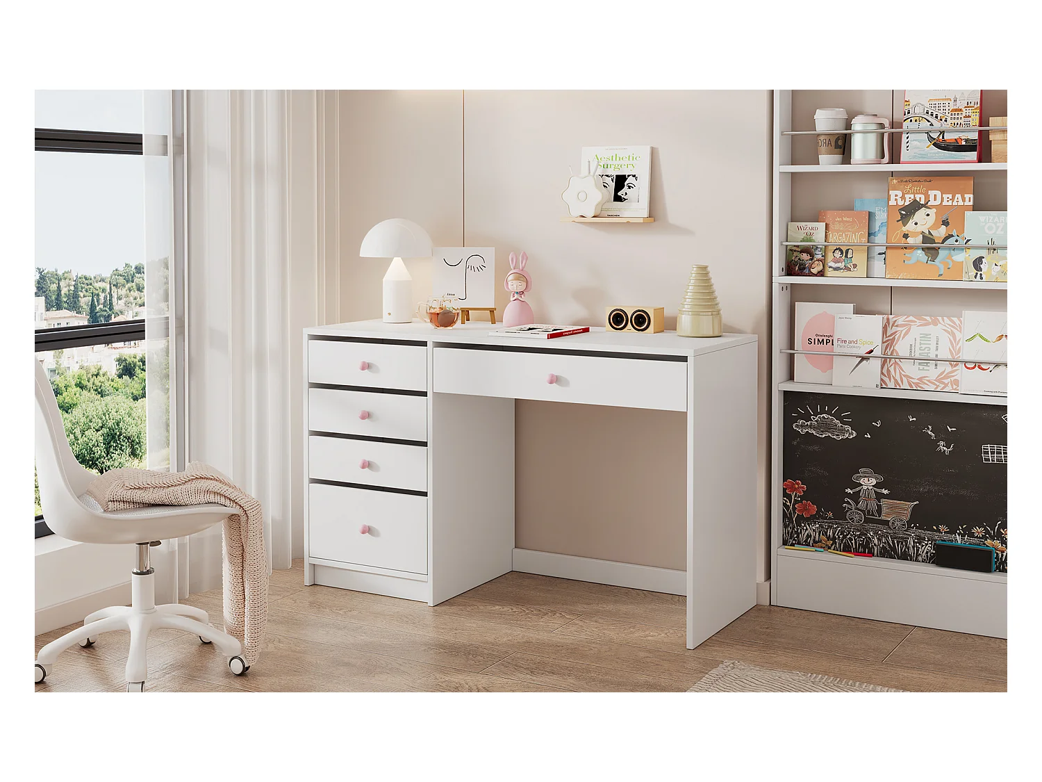 Escrivaninha infantil simples - 120 x 45 x 74 cm - com 5 gavetas de armazenamento - MDF - branco