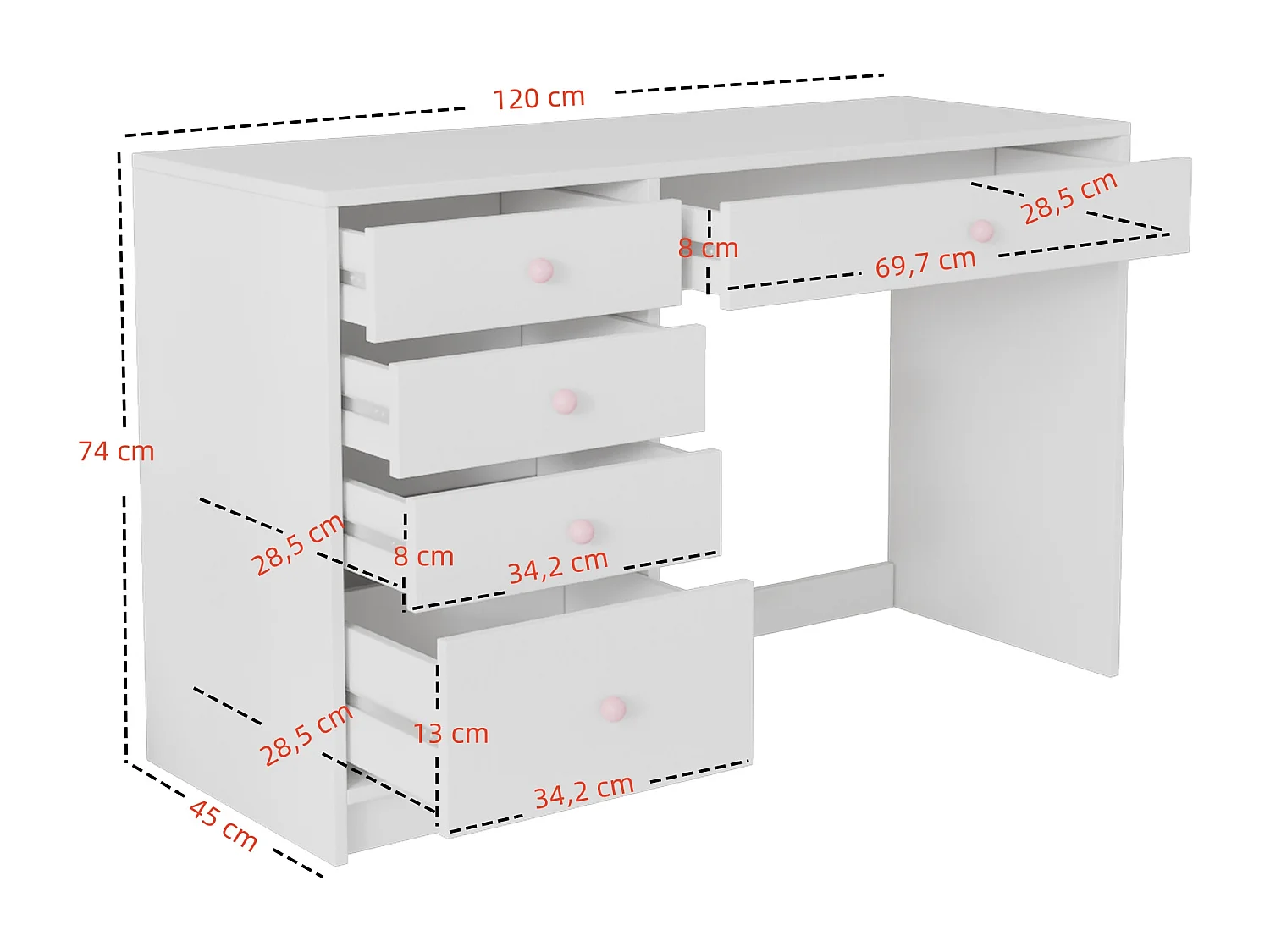 Schlichter Kinderschreibtisch - 120 x 45 x 74 cm - mit 5 Schubladen - MDF - weiß