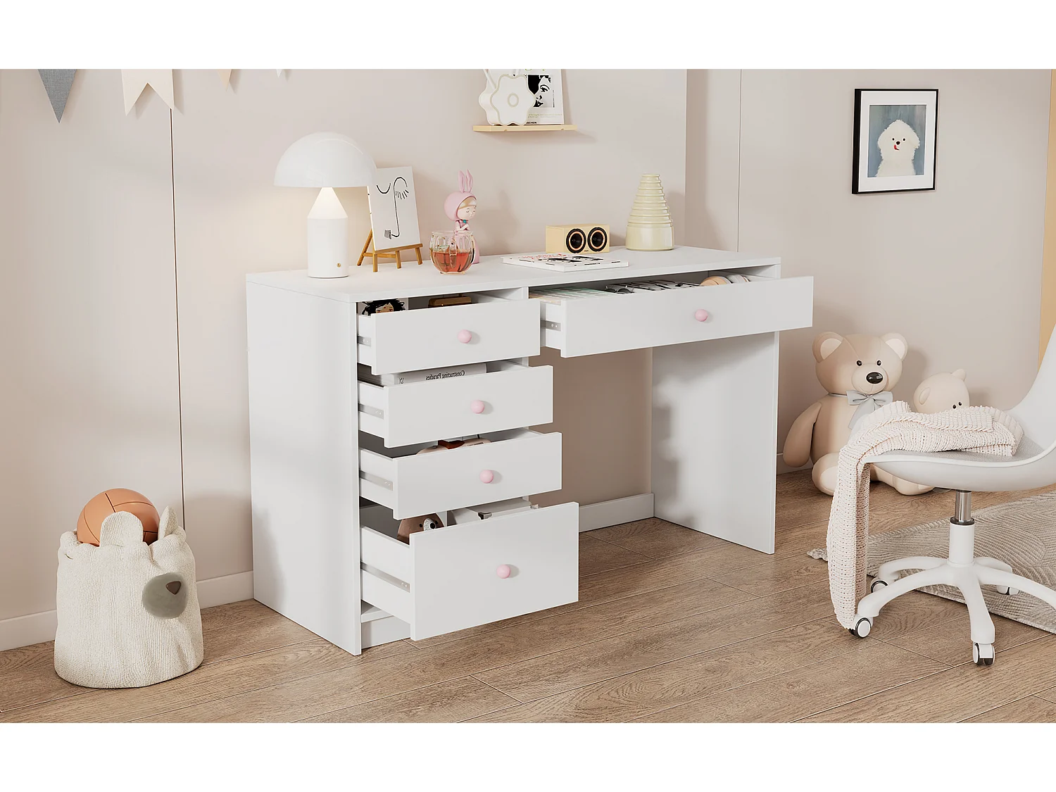 Schlichter Kinderschreibtisch - 120 x 45 x 74 cm - mit 5 Schubladen - MDF - weiß