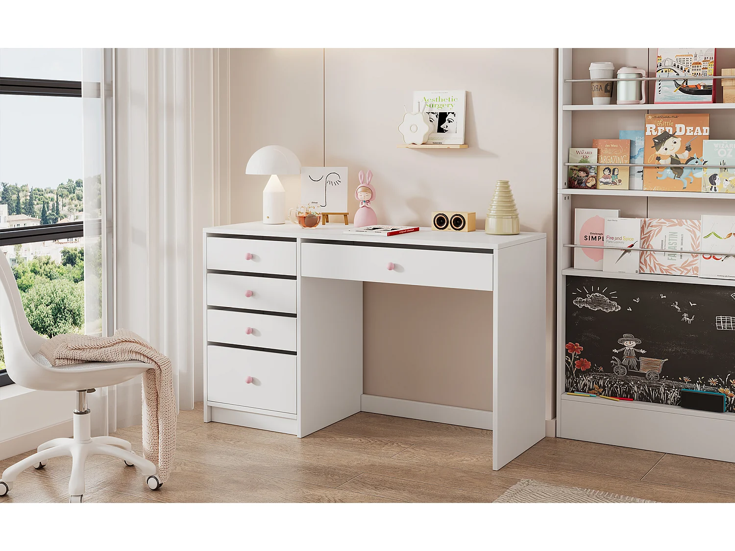 Schlichter Kinderschreibtisch - 120 x 45 x 74 cm - mit 5 Schubladen - MDF - weiß