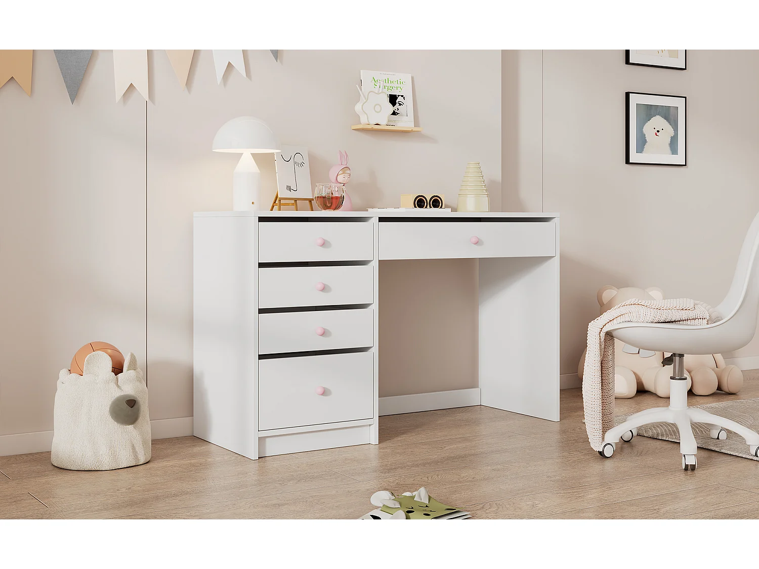 Schlichter Kinderschreibtisch - 120 x 45 x 74 cm - mit 5 Schubladen - MDF - weiß