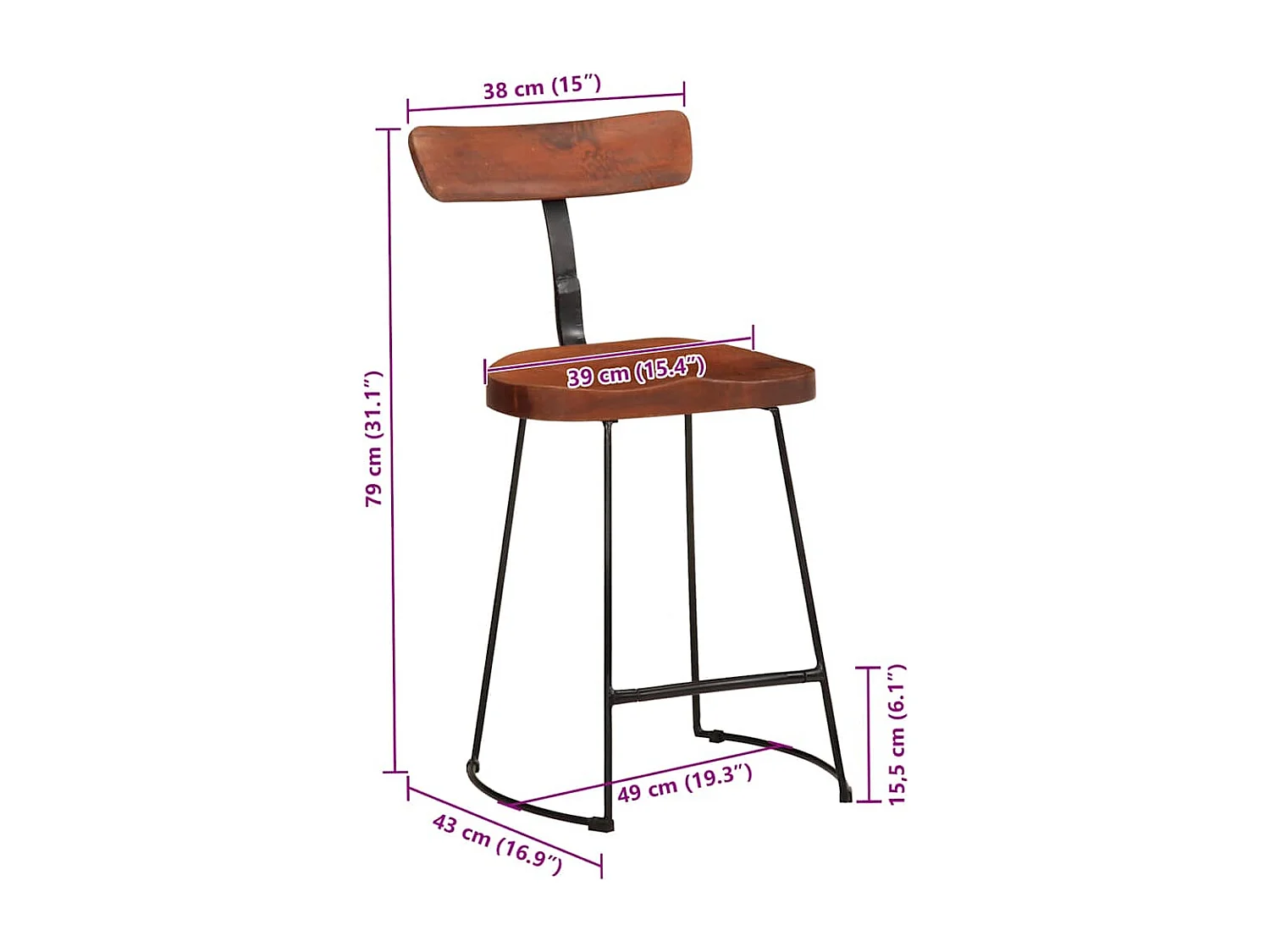 Set di 2 sgabelli da bar 49x43x79 cm in legno massello di mango