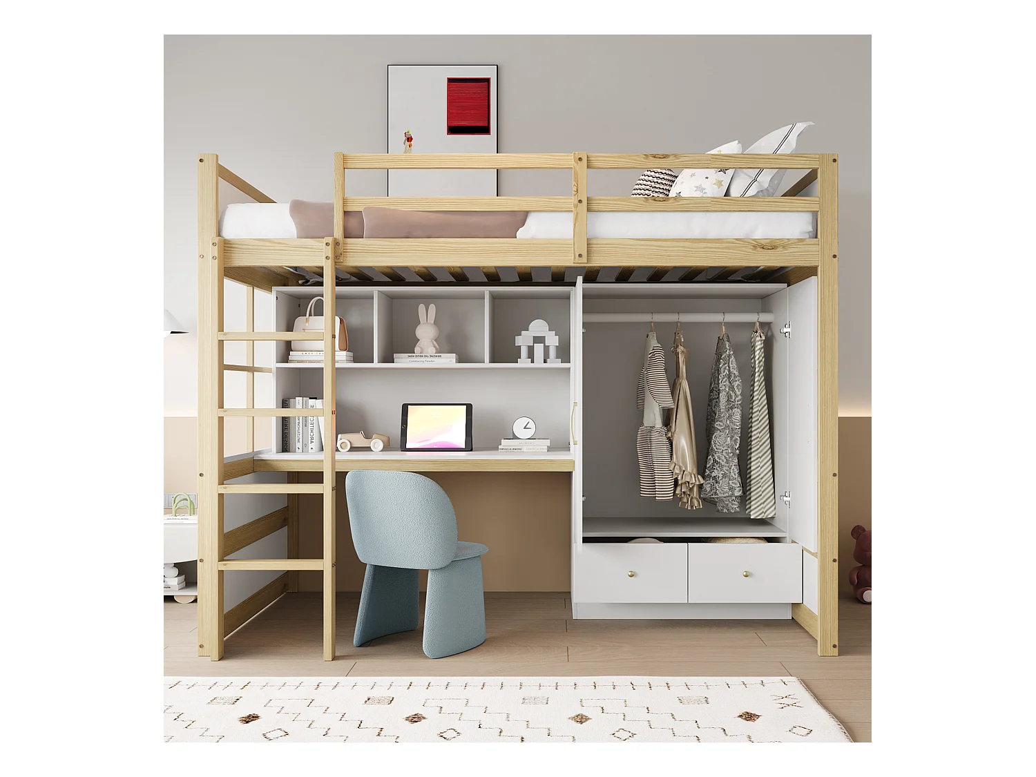 Hoogslaper 90x200 cm met ladder, bureau met opbergruimte, kast en lades, houten frame, houtkleur (204,5x102x174 cm)