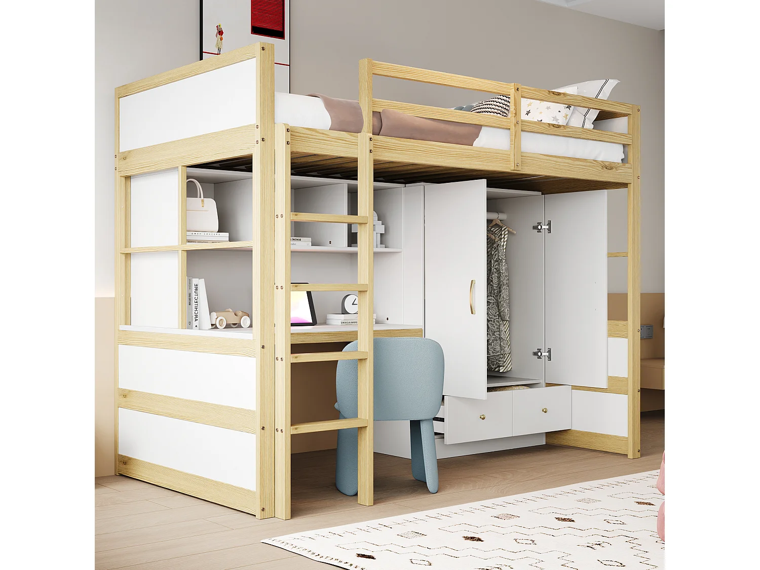 Hoogslaper 90x200 cm met ladder, bureau met opbergruimte, kast en lades, houten frame, houtkleur (204,5x102x174 cm)