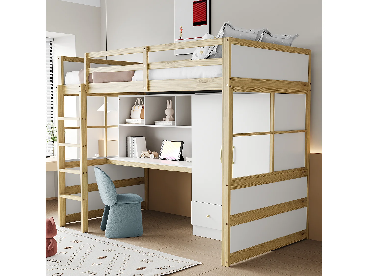 Hoogslaper 90x200 cm met ladder, bureau met opbergruimte, kast en lades, houten frame, houtkleur (204,5x102x174 cm)