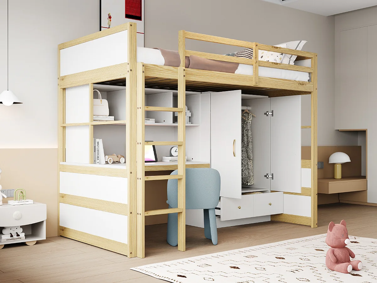 Hoogslaper 90x200 cm met ladder, bureau met opbergruimte, kast en lades, houten frame, houtkleur (204,5x102x174 cm)