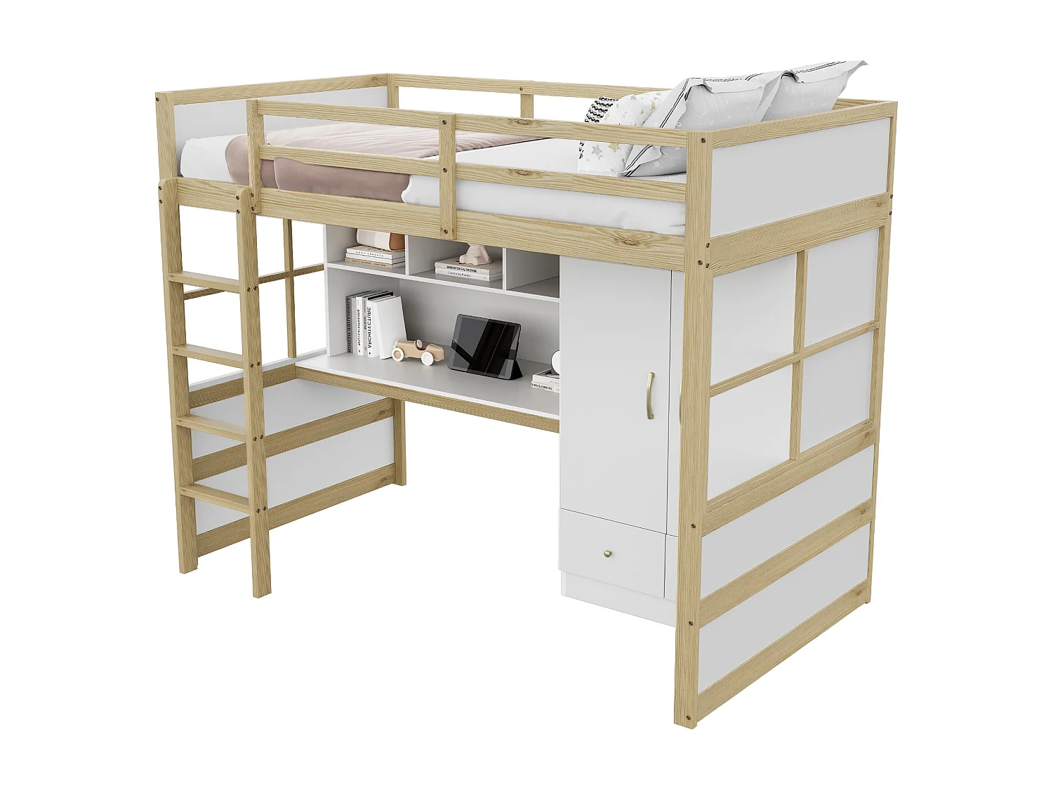 Hoogslaper 90x200 cm met ladder, bureau met opbergruimte, kast en lades, houten frame, houtkleur (204,5x102x174 cm)