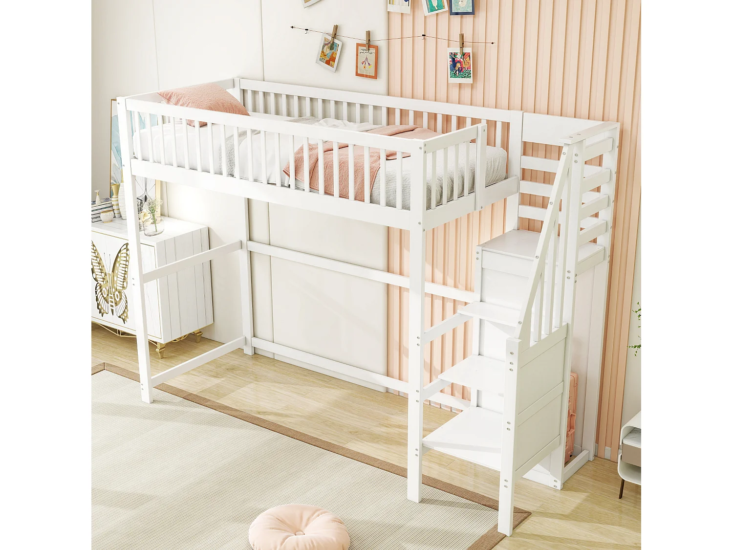 Hoogslaper 90x200 met ladder, houten kinderbed met opbergplank, eenpersoons kledingkast, wit (255x95x179 cm)