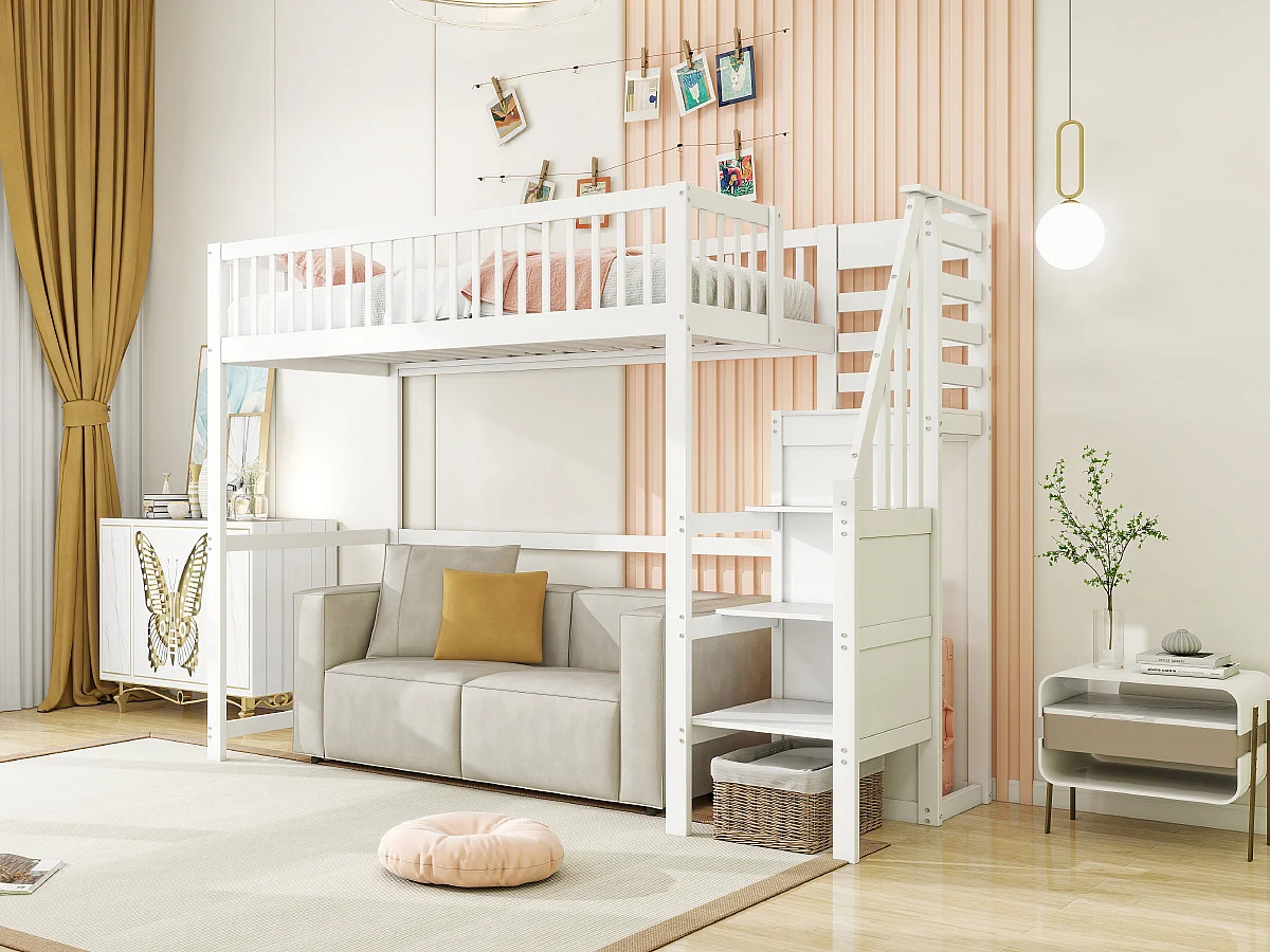 Hoogslaper 90x200 met ladder, houten kinderbed met opbergplank, eenpersoons kledingkast, wit (255x95x179 cm)