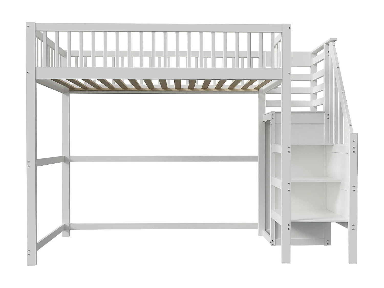 Hoogslaper 90x200 met ladder, houten kinderbed met opbergplank, eenpersoons kledingkast, wit (255x95x179 cm)