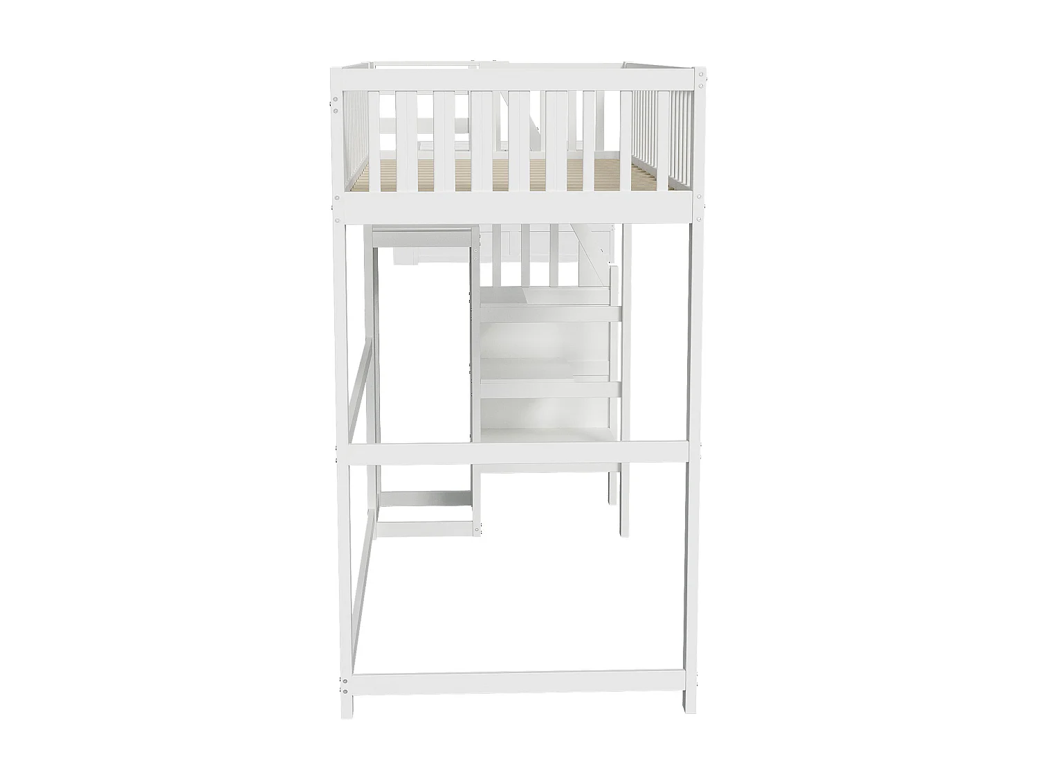 Hoogslaper 90x200 met ladder, houten kinderbed met opbergplank, eenpersoons kledingkast, wit (255x95x179 cm)