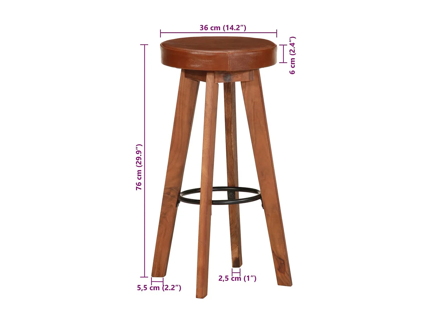 Chaises de bar lot de 2 cuir véritable et bois d'acacia solide