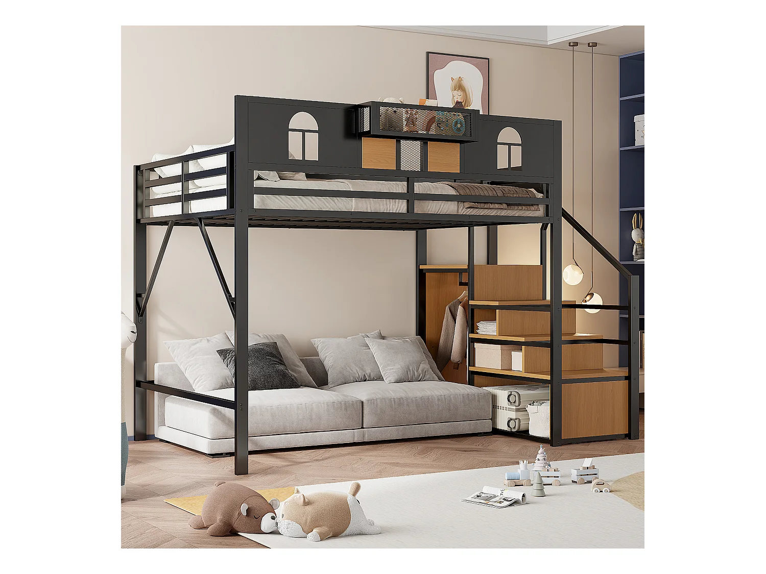 Cama alta de metal 140x200 cm con almacenaje, ventanas, estante, estructura de madera y metal, color negro (255x145,5x187 cm)