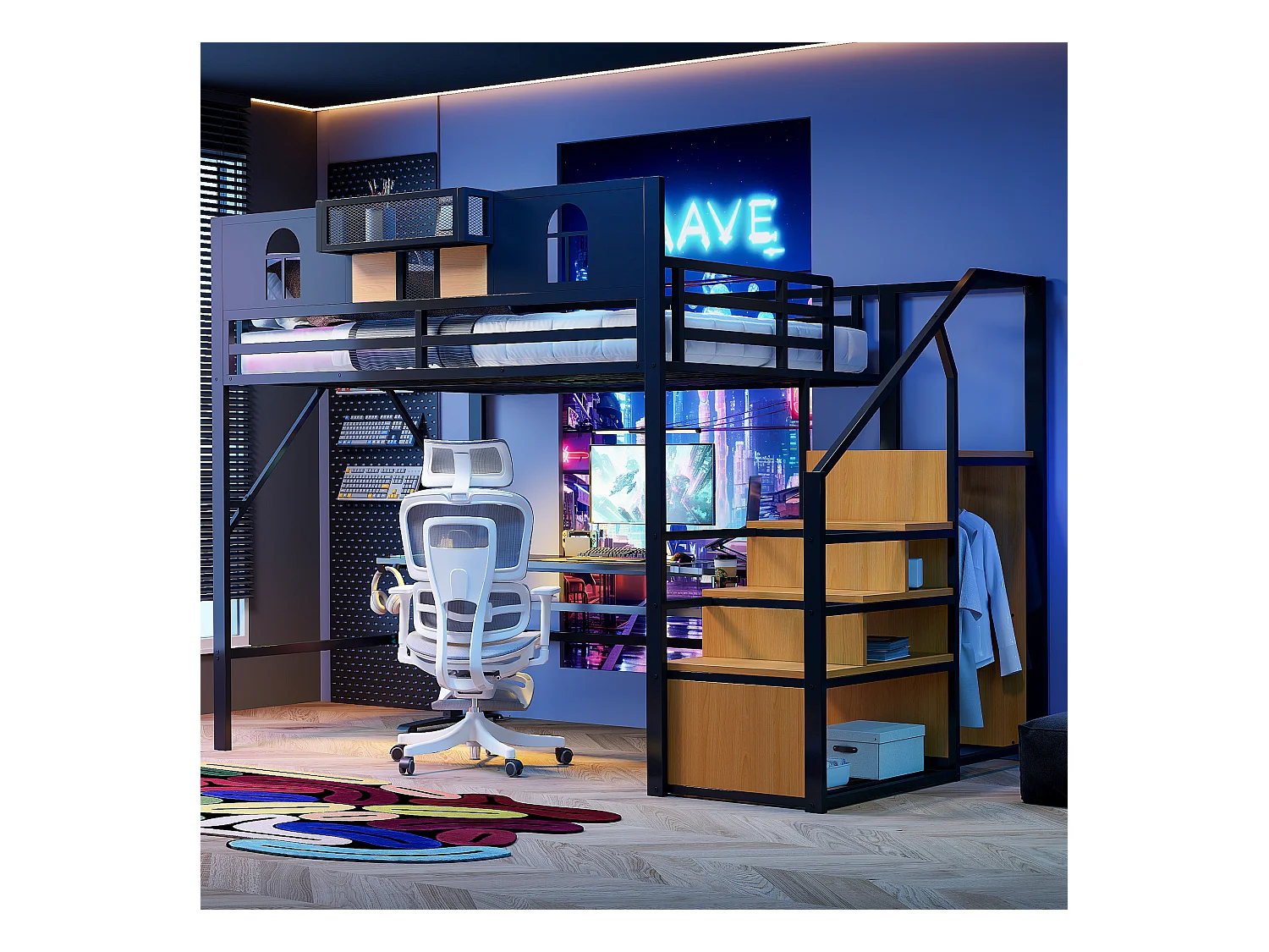 Cama alta de metal 140x200 cm con almacenaje, ventanas, estante, estructura de madera y metal, color negro (255x145,5x187 cm)