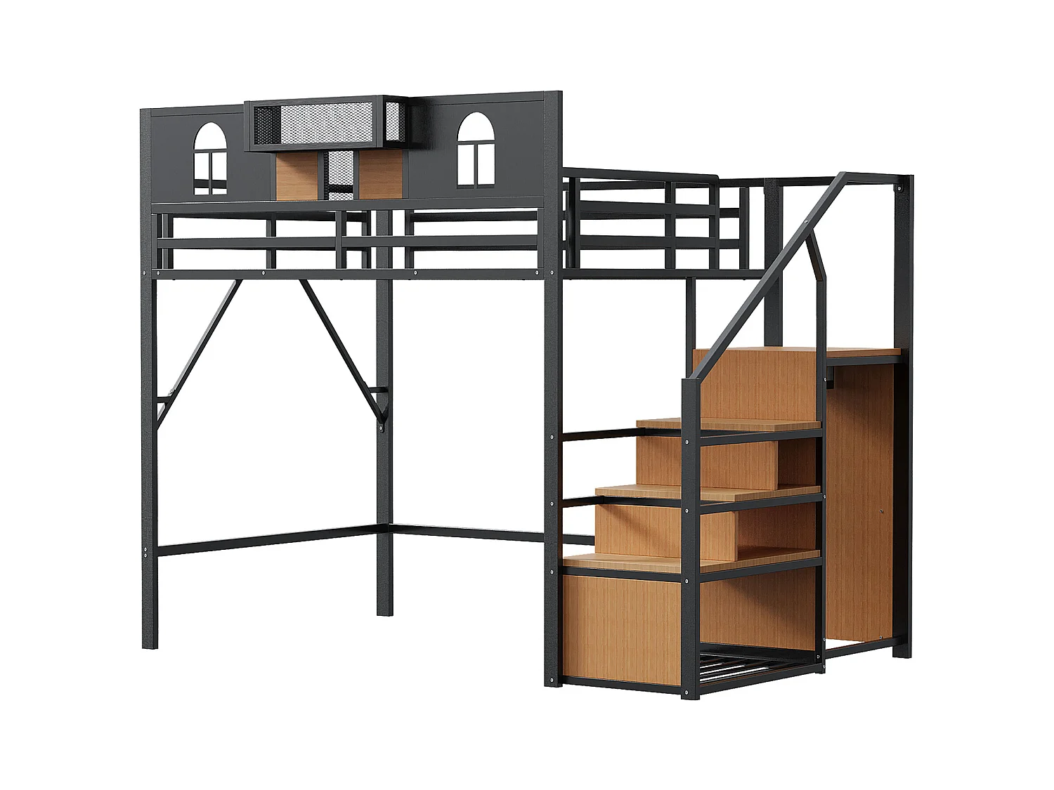 Cama alta de metal 140x200 cm con almacenaje, ventanas, estante, estructura de madera y metal, color negro (255x145,5x187 cm)