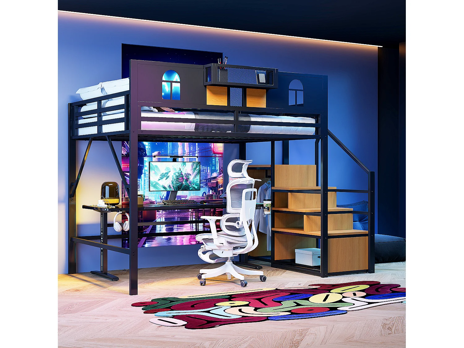 Lit mezzanine métallique 140x200 cm avec rangement, fenêtres, étagère, bois et cadre métallique, noir (255x145.5x187 cm)