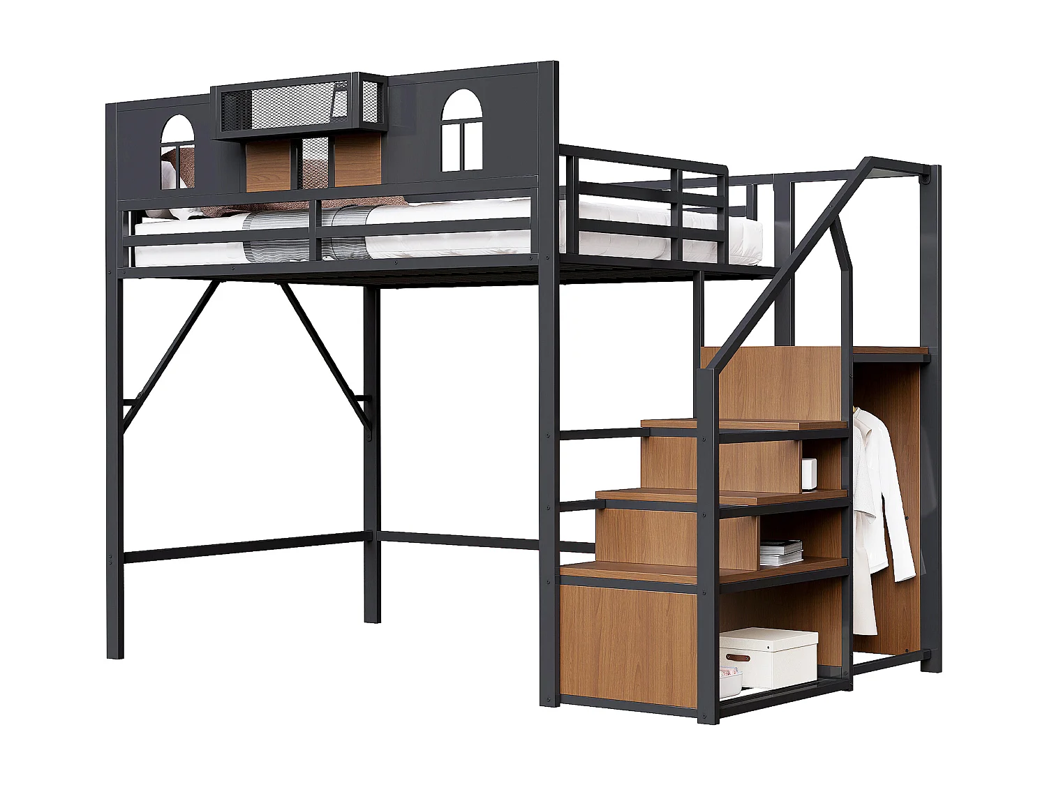 Lit mezzanine métallique 140x200 cm avec rangement, fenêtres, étagère, bois et cadre métallique, noir (255x145.5x187 cm)