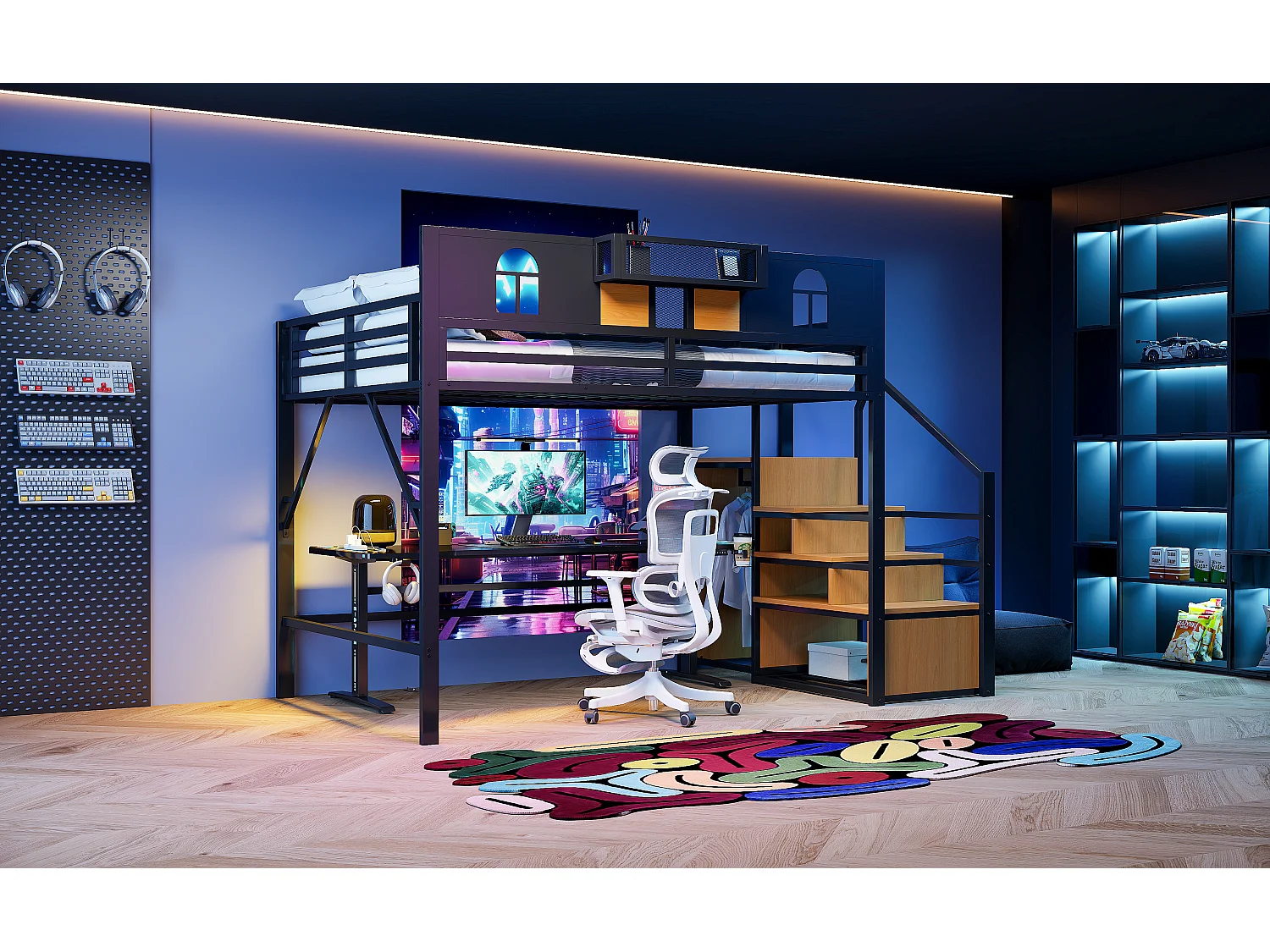 Lit mezzanine métallique 140x200 cm avec rangement, fenêtres, étagère, bois et cadre métallique, noir (255x145.5x187 cm)