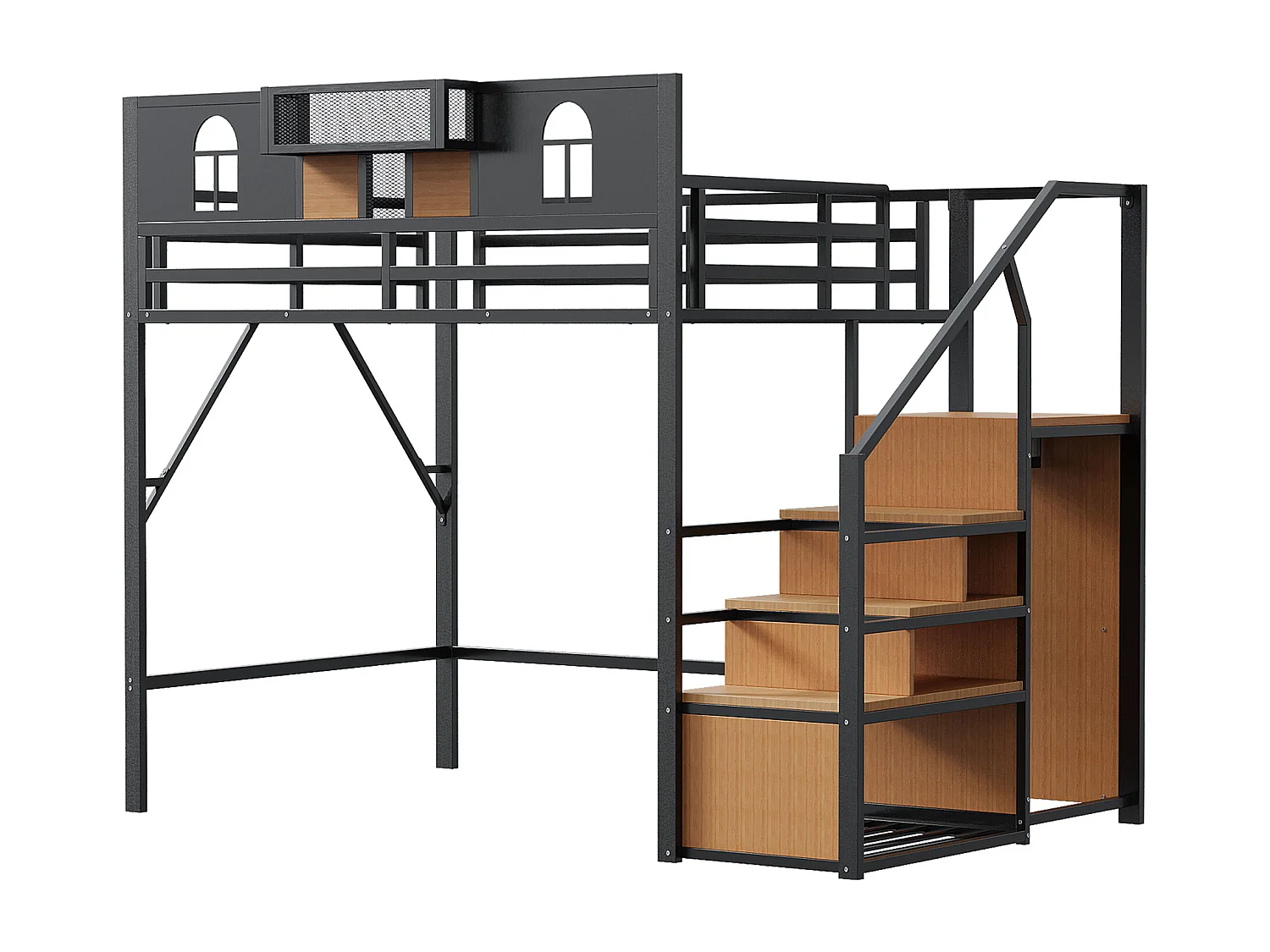Lit mezzanine métallique 140x200 cm avec rangement, fenêtres, étagère, bois et cadre métallique, noir (255x145.5x187 cm)