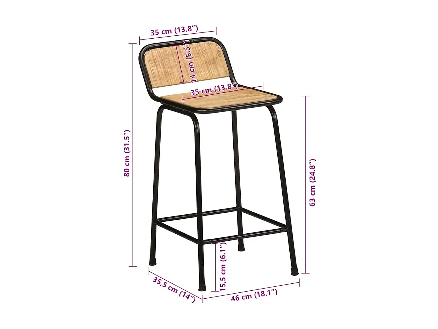 Tabourets de bar lot de 4 bois massif manguier brut