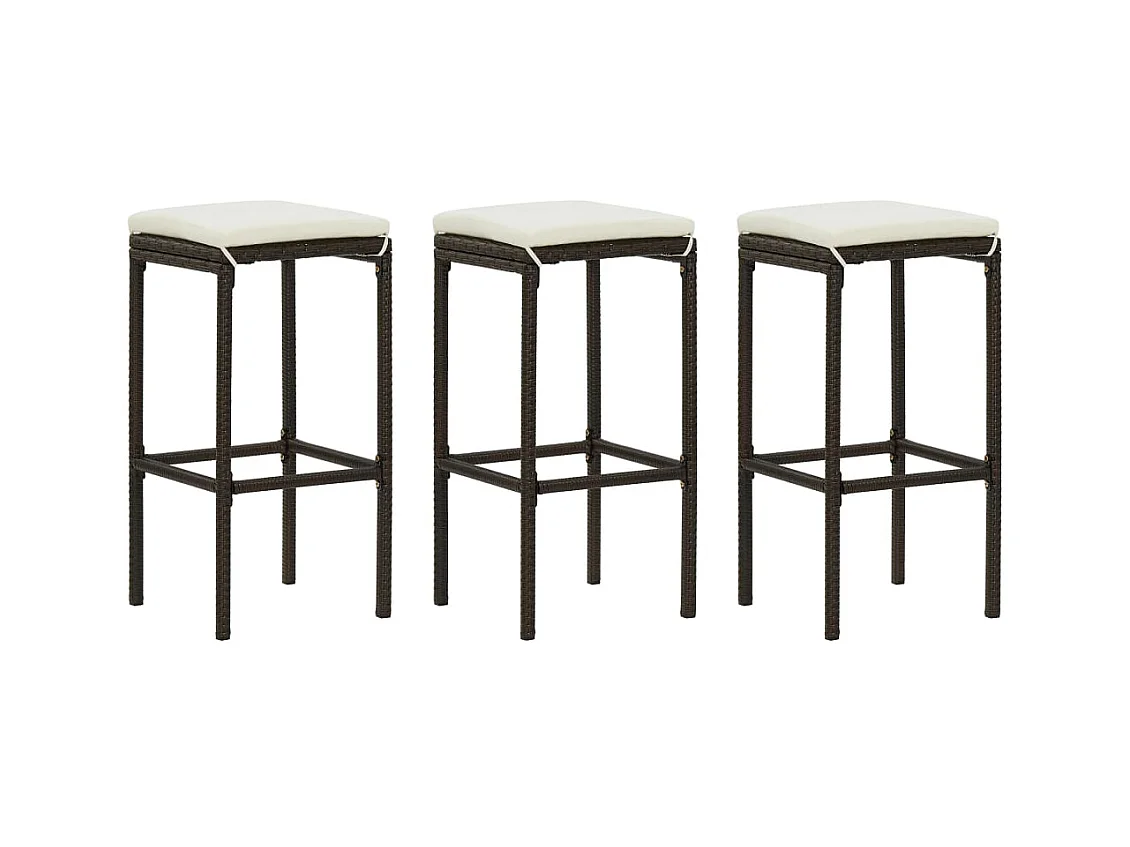 Sgabelli da bar con cuscini, set da 3, marrone, resina intrecciata