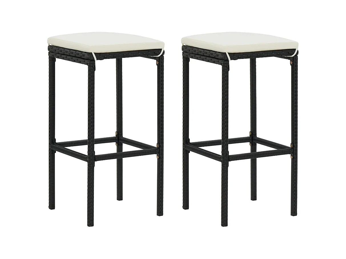 Sgabelli da bar con cuscini, set da 2, neri, resina intrecciata