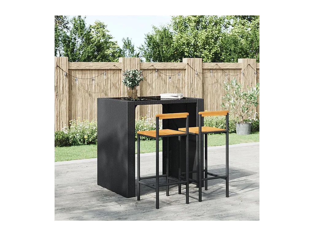 Set di 2 sgabelli da bar neri in resina intrecciata e legno di acacia