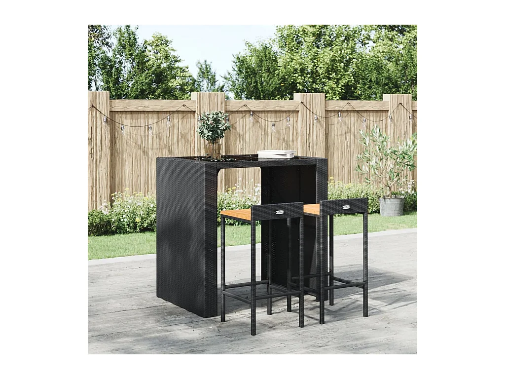 Set di 2 sgabelli da bar neri in resina intrecciata e legno di acacia