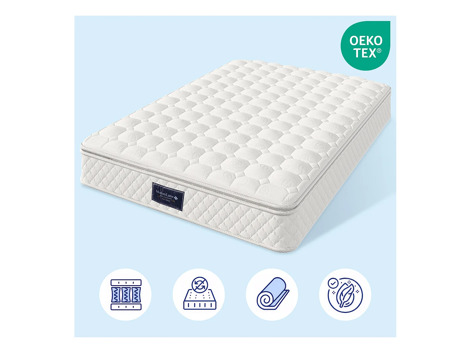 Matelas à ressorts ensachés, 7 zones en mousse froide, 140x200cm, certifié Oeko-Tex, housse en microfibre, 100 nuits d'essai, fermeté H3, 25cm