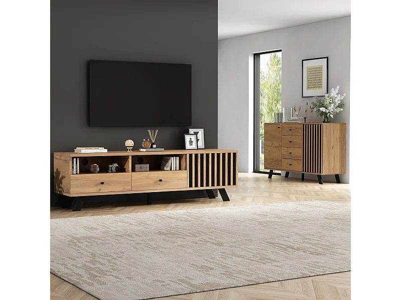 Ensemble de meubles de salon - buffet avec 4 tiroirs +  meuble TV avec 2 tiroirs - aggloméré - naturel