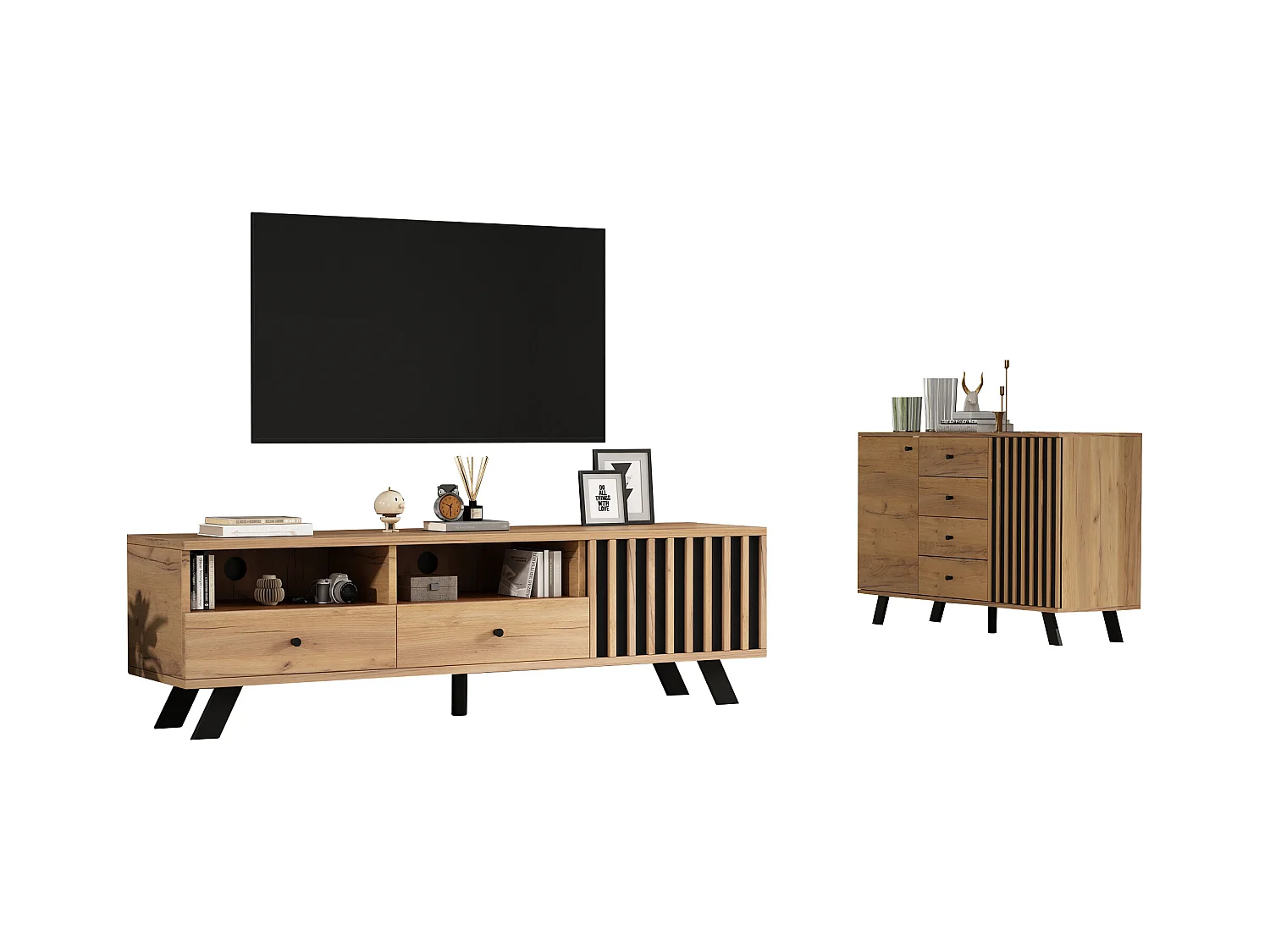 Woonkamermeubelset - dressoir met 4 lades + tv-meubel met 2 lades - spaanplaat - naturel