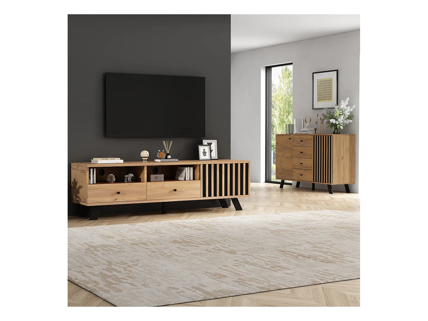 Wohnzimmermöbel-Set - Sideboard mit 4 Schubladen + TV-Schrank mit 2 Schubladen - Spanplatte - Natur