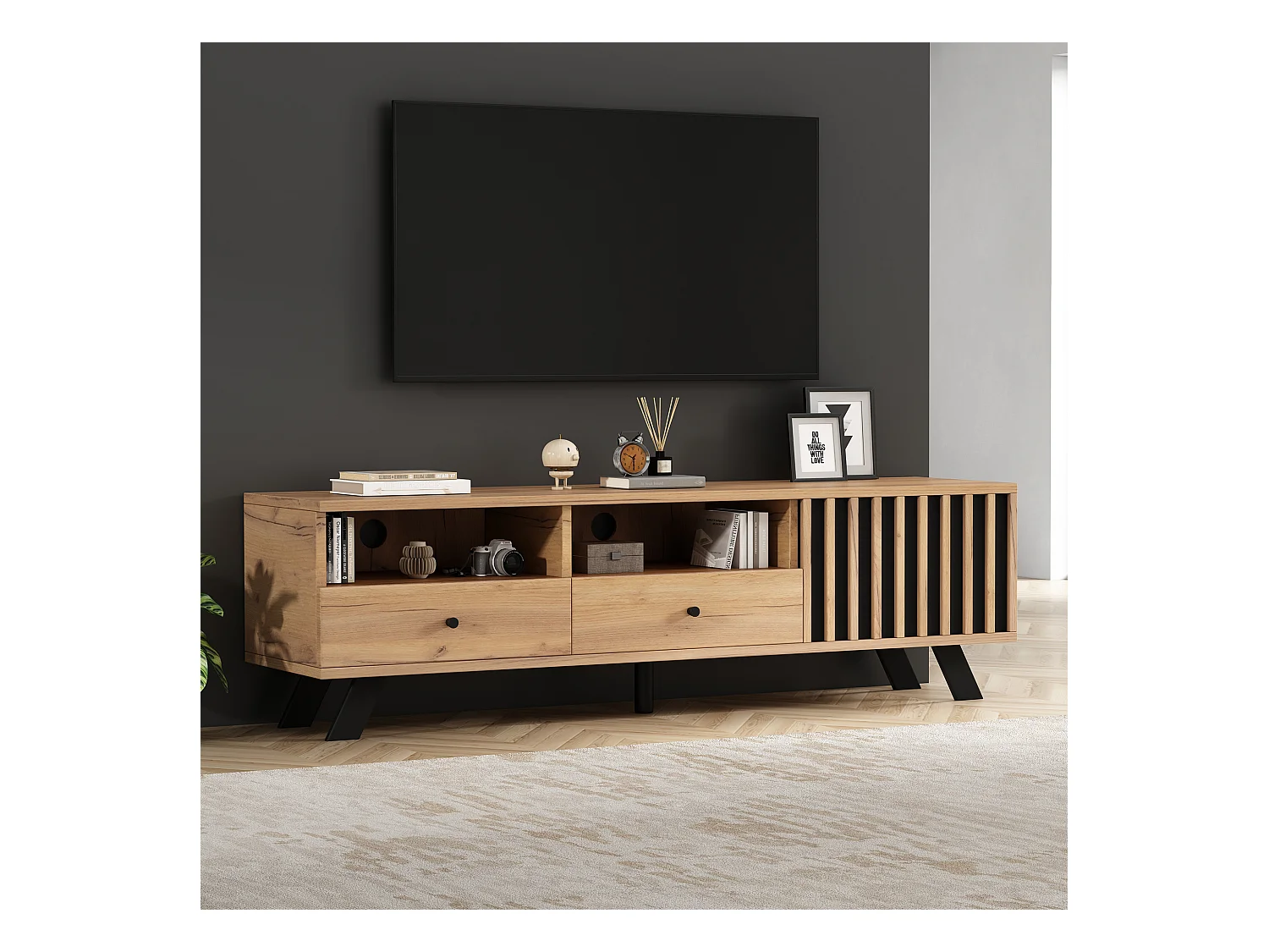 Ensemble de meubles de salon - buffet avec 4 tiroirs +  meuble TV avec 2 tiroirs - aggloméré - naturel