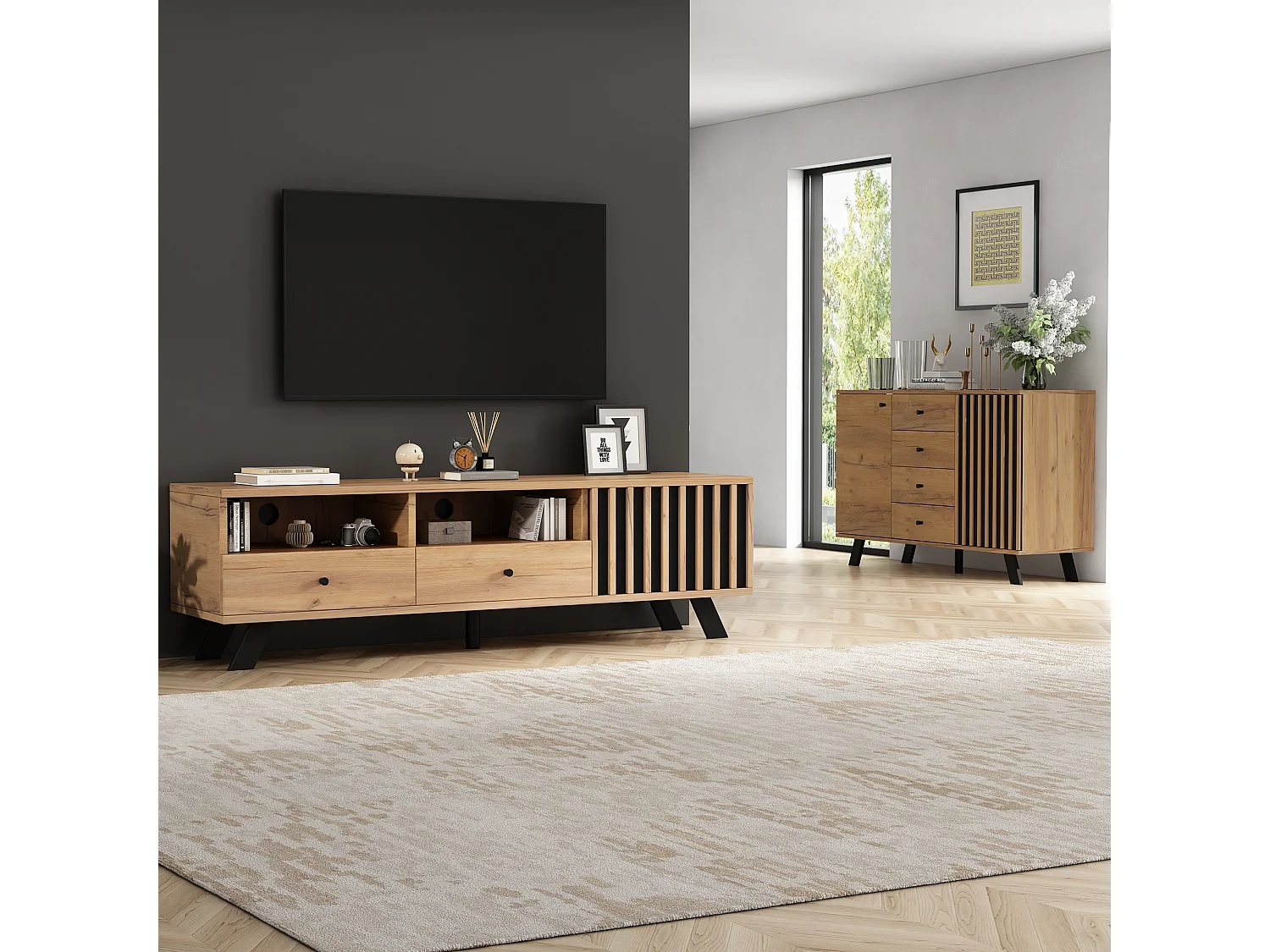 Zestaw mebli do salonu - komoda z 4 szufladami + szafka RTV z 2 szufladami - płyta wiórowa - naturalny