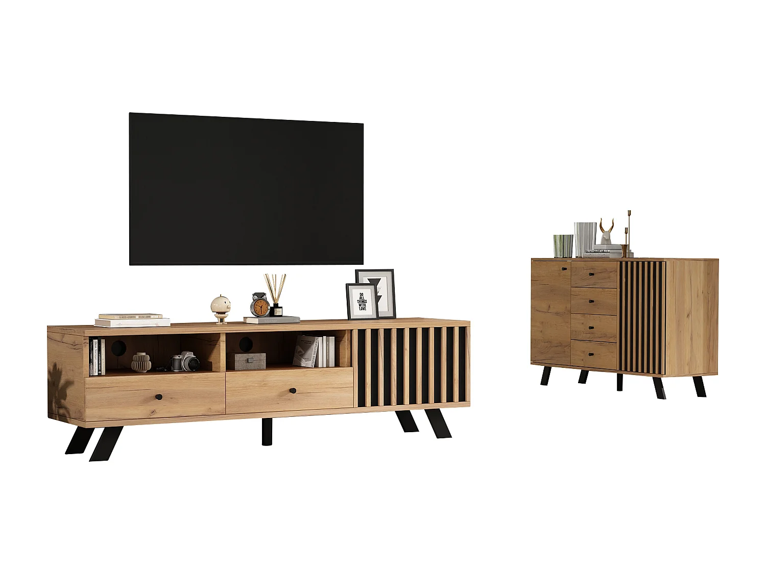 Zestaw mebli do salonu - komoda z 4 szufladami + szafka RTV z 2 szufladami - płyta wiórowa - naturalny