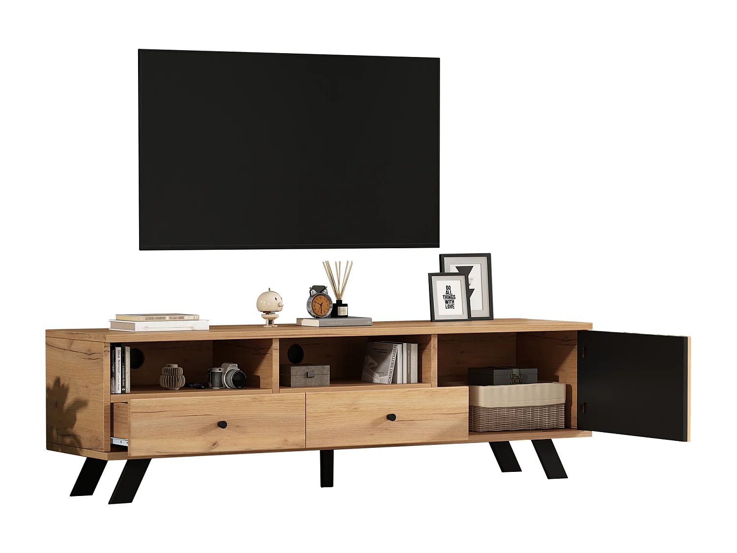 Zestaw mebli do salonu - komoda z 4 szufladami + szafka RTV z 2 szufladami - płyta wiórowa - naturalny