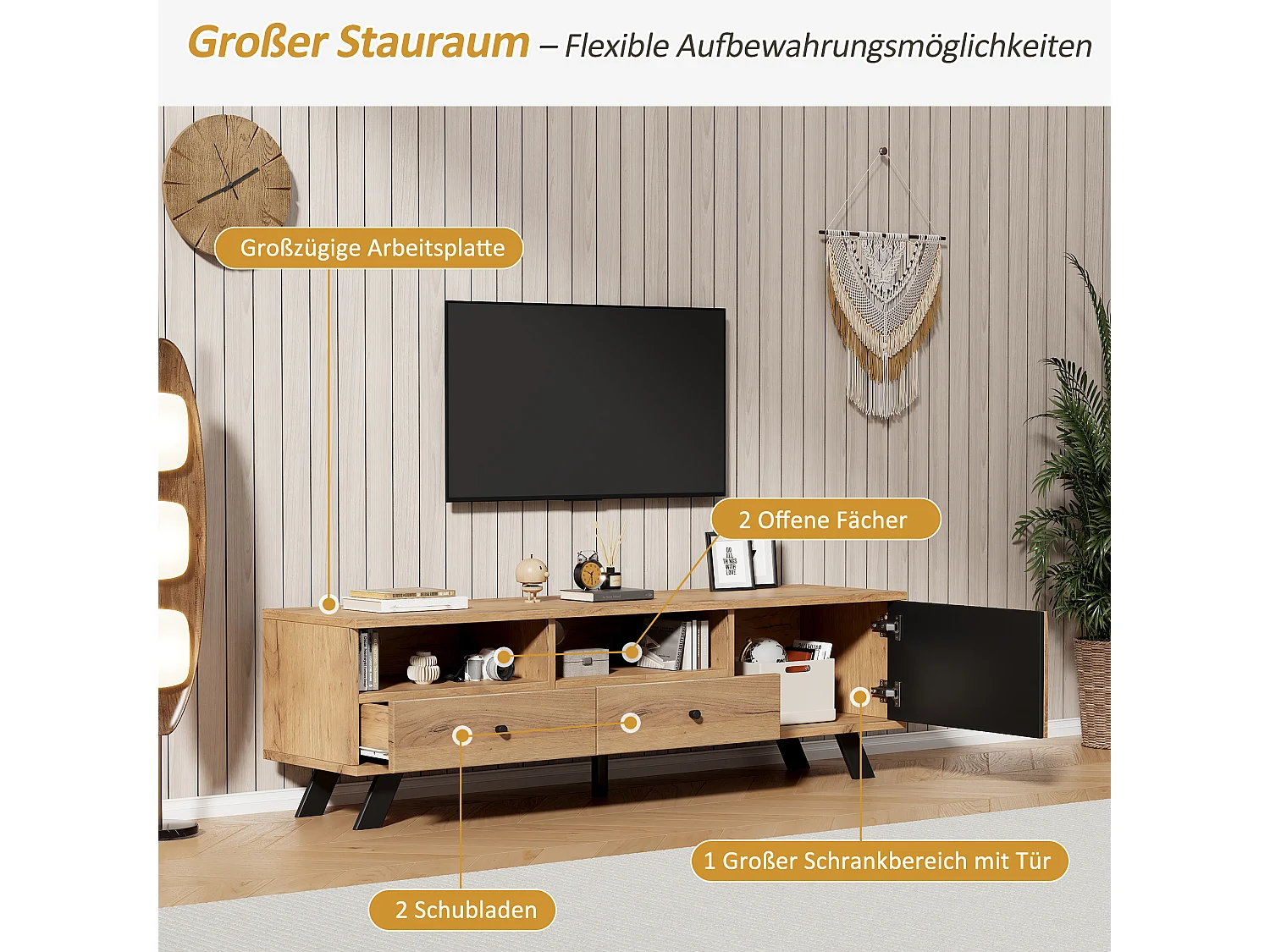 Zestaw mebli do salonu - komoda z 4 szufladami + szafka RTV z 2 szufladami - płyta wiórowa - naturalny