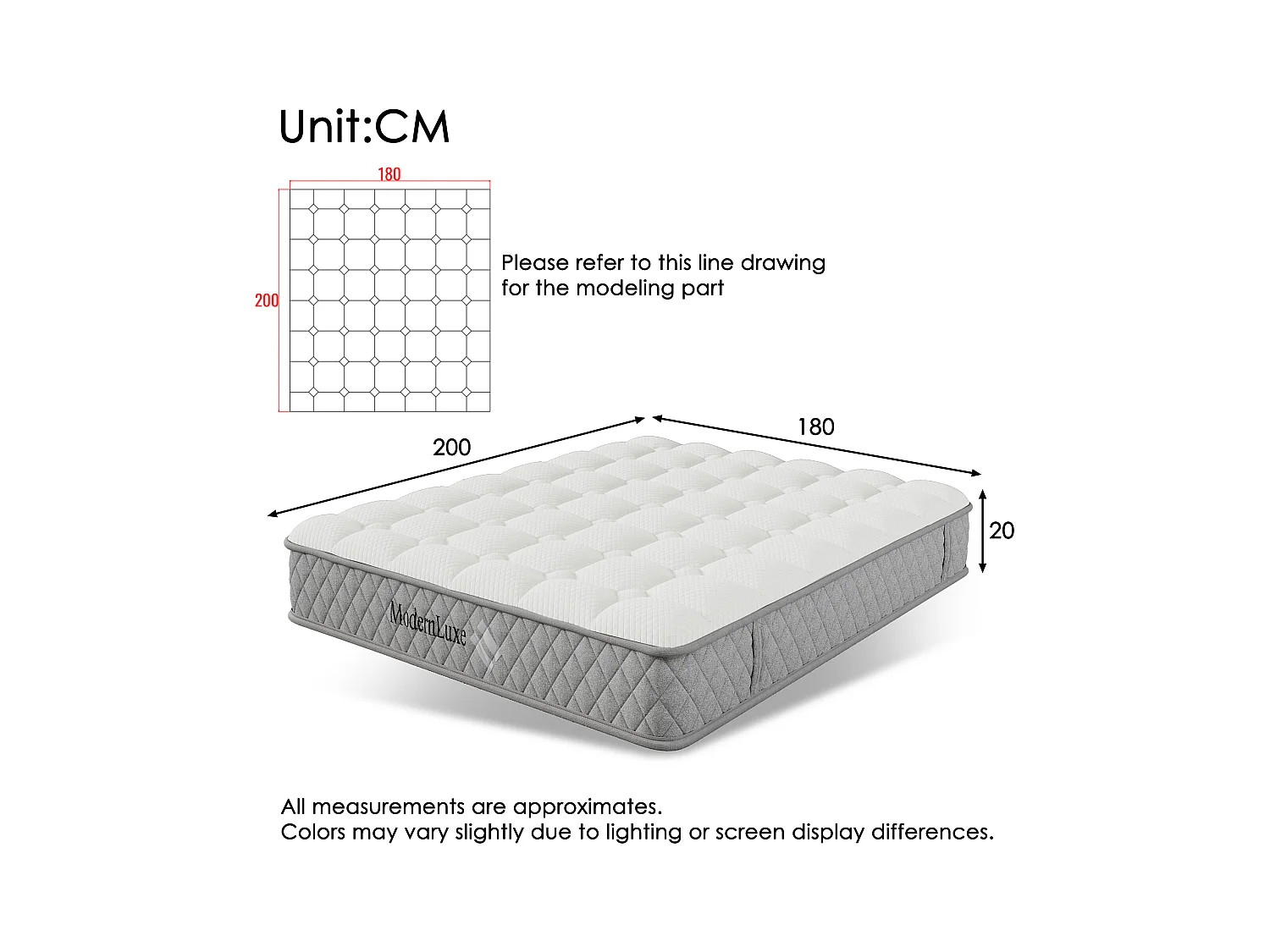 Orthopedisch matras 180x200 cm, 7 zones, met pocketveren, H3, OEKO-TEX® gecertificeerd en 20 cm hoog, met 4 handgrepen, vacuüm verpakt