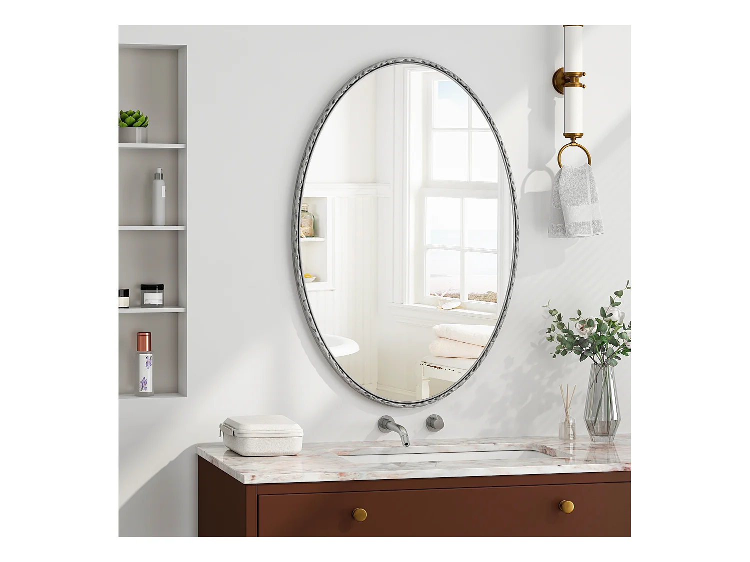 Miroir Ovale avec Cadre en Fer, Style Rétro Antique, Accroche Murale, Verre et MDF, Argenté (65x3x100 cm)