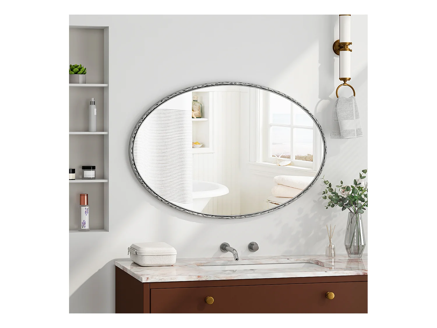 Miroir Ovale avec Cadre en Fer, Style Rétro Antique, Accroche Murale, Verre et MDF, Argenté (65x3x100 cm)