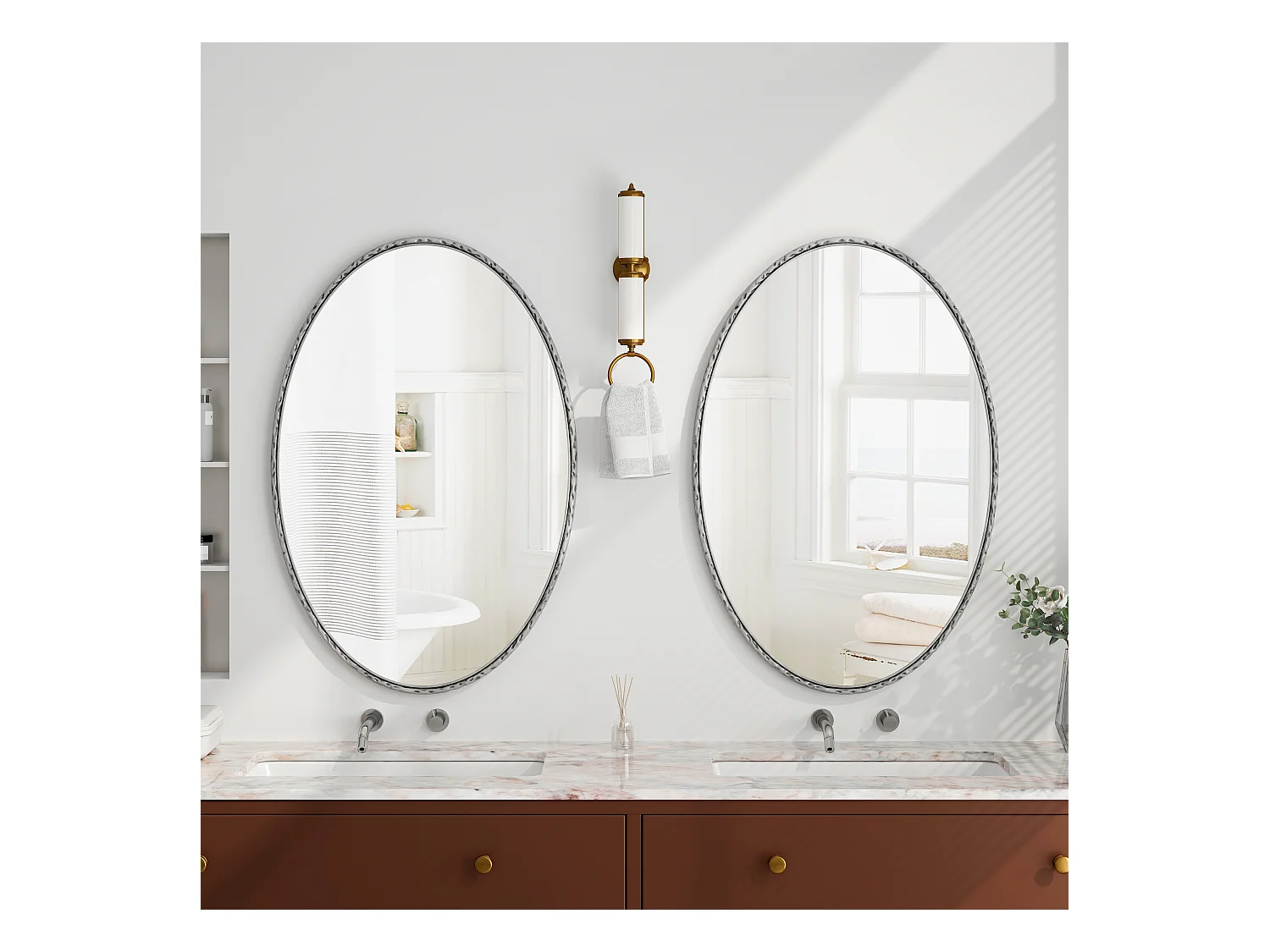 Miroir Ovale avec Cadre en Fer, Style Rétro Antique, Accroche Murale, Verre et MDF, Argenté (65x3x100 cm)