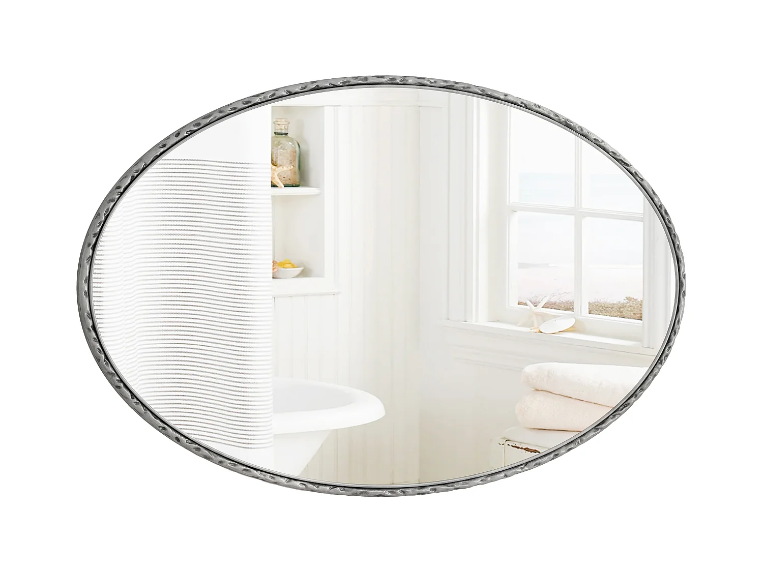 Miroir Ovale avec Cadre en Fer, Style Rétro Antique, Accroche Murale, Verre et MDF, Argenté (65x3x100 cm)